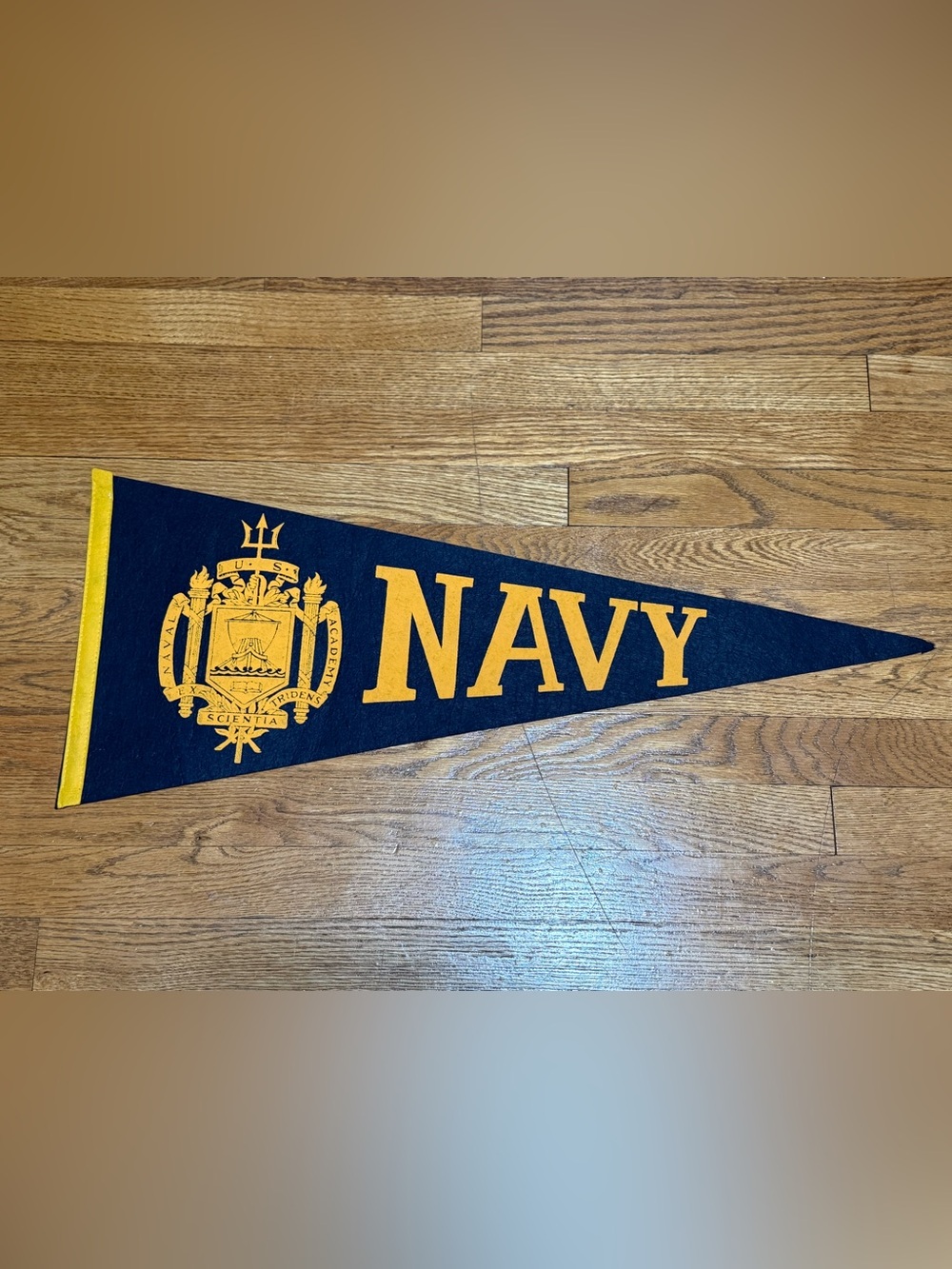 Vintage US Naval Academy Felt Pennant Navy Blue Gold Annapolis Crest 30”
